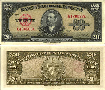 Куба 20 песо 1958 Антонио Масео, красная серия Pick 80 b бумага аUNC 7191-31-2-1