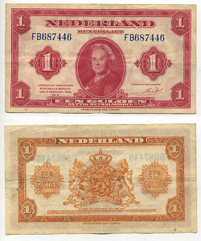НИДЕРЛАНДЫ 1 ГУЛЬДЕН 1943 7 ФЕВРАЛЯ 1943, ВИЛЬГЕЛЬМИНА Pick 64 бумага 6266-25-2