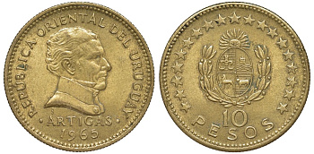 Уругвай 10 песо 1965 KM 48 алюминиевая бронза 4574-544