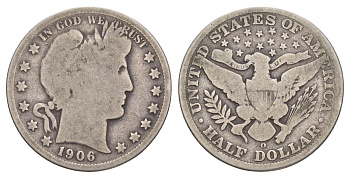 США 1/2 доллара (50 центов) 1906 O, 50 центов Барбера KM 116 серебро    5010-1641