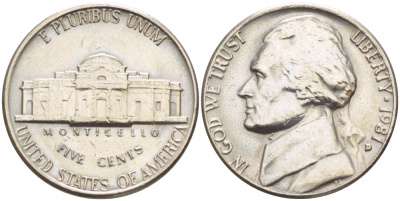 США 5 ЦЕНТОВ 1981 D, ДЖЕФФЕРСОН KM А192 медно-никель 4546-1154