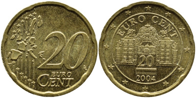 АВСТРИЯ 20 ЕВРОЦЕНТОВ 2004 KM 3086 латунь 4391-246