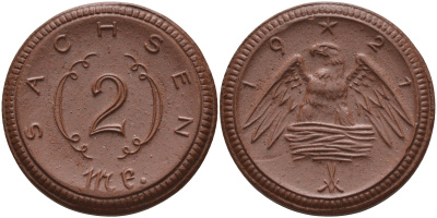 Саксония 2 марки 1921 J. N 56 фарфор 1094-1-12