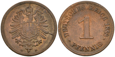 Германия 1 пфенниг 1888 D, Вильгельм I (1871-1888) KM 1, J. 1 медь 4387-744