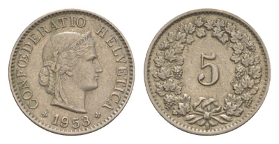 Швейцария 5 раппенов 1953 B KM 26 медно-никель 4611-726