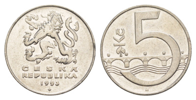 Чехия 5 крон 1993 чешский лев, Карлов мост KM 8 сталь плакированная никелем 4529-633