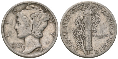 США 10 центов (дайм) 1942 KM 140 серебро 3334-1258