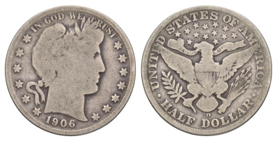 США 1/2 доллара (50 центов) 1906 O, 50 центов Барбера KM 116 серебро    5010-1641