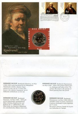 Нидерланды 1 экю 1999 Рембрандт ван Рейн, в оригинальном конверте, с марками, первый день гашения X 238 медно-никель BU 4-3-8-46