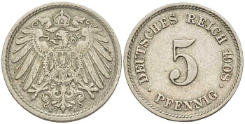 Германия 5 пфеннигов 1908 E KM 11, Jager 12, Weege 6 медно-никель 105-131