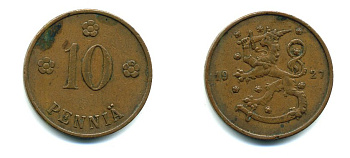 Финляндия 10 пенни 1927 республика (1918-1962) KM 24 медь 46-1553