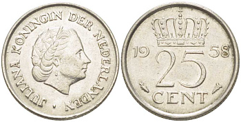 НИДЕРЛАНДЫ 25 ЦЕНТОВ 1958 ЮЛИАНА (1948-1980) KM 183 никель 214-928