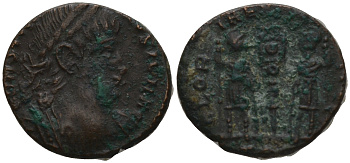 Римская Империя нуммий 336 Константин II, бюст императора, CONSTANTINVS IVN N C / два легионера, GLORIA EXERCITVS, Арелат (rare) RIC 395 биллон 1073-14-74