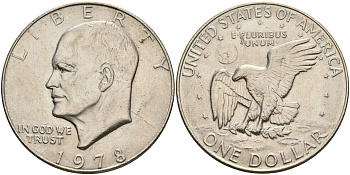 США 1 доллар 1978 Президент Эйзенхауэр, лунный орел KM А203 медь плакированная медно-никелем 4364-3914