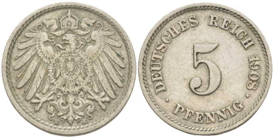 Германия 5 пфеннигов 1908 E KM 11, Jager 12, Weege 6 медно-никель 105-131