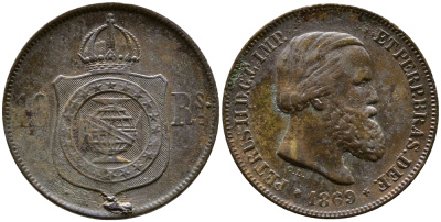 Бразилия 10 реалов (рейсов) 1869 Брюссель, Педро II KM 473 бронза     4387-727