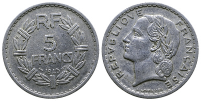 Франция 5 франков 1945 KM 888b.1, Le Franc 339.3 алюминий 4364-4323