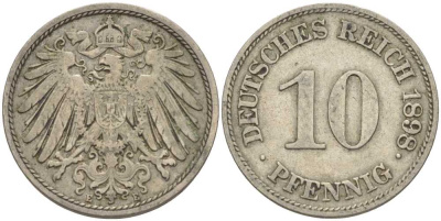 ГЕРМАНИЯ 10 ПФЕННИГОВ 1898 E KM 12, J. 13 медно-никель 4401-1036