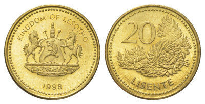 Лесото 20 лисенте 1998 KM 64 сталь плакированная латунью UNC 4617-443