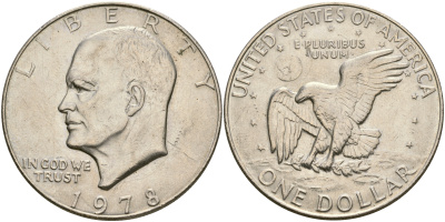 США 1 доллар 1978 Президент Эйзенхауэр, лунный орел KM А203 медь плакированная медно-никелем 4364-3914