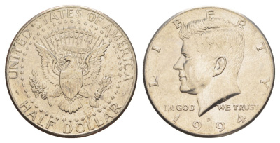 США 1/2 доллара (50 центов) 1994 D, Джон Кеннеди KM A202b медь плакированная медно-никелем aUNC 4382-531