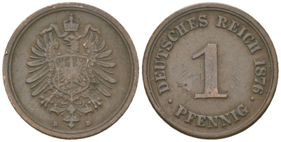Германия 1 пфенниг 1876 D, Вильгельм I (1871-1888) KM 1, J. 1 медь 4615-712