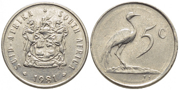 ЮАР 5 центов 1981 герб, райский журавль KM 84 никель 105-1031