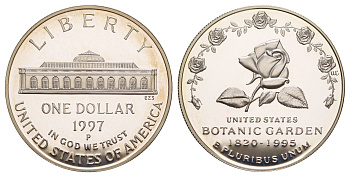 США 1 доллар 1997 P, 175 лет Ботаническому саду KM 278 серебро PROOF 11-262-44