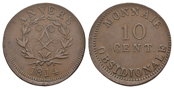 Франция, Осада Антверпена 10 сантимов 1814 Людовик XVIII KM 7 бронза 1519-434