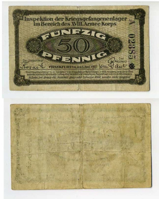 Германия 50 пфеннигов 1917 инспекция лагерей военнопленных в Франкфурте на Майне, XVIII-ий Армейский корпус, июнь C-2957 бумага 504-83-1-2