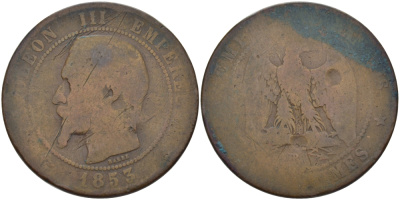 Франция 10 сантимов 1853 ВВ, Наполеон III (1852-1870) KM 771.3, Le Franc 133.4 бронза 3460-241