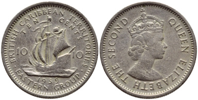 Британские Восточно-Карибские территории 10 центов 1959 Елизавета II (1952-2022), парусник KM 5 медно-никель 4387-563