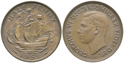 Великобритания 1/2 пенни 1951 Георг VI (1936-1952) KM 868, Spink 4118 бронза 34-227