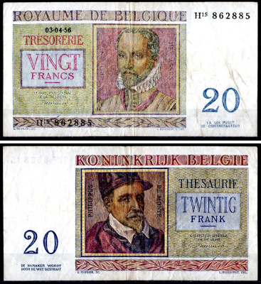Бельгия 20 франков 1956 Pick 132 b бумага 6300-22-2-2