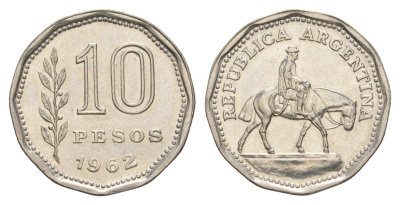 Аргентина 10 песо 1962 KM 60 сталь плакированная никелем UNC 4637-334