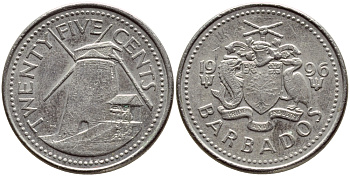 Барбадос 25 центов 1996 ветряная мельница Моргана Льюиса KM 13 медно-никель 4398-435