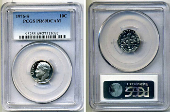 США 10 центов (дайм) 1969 S, президент Рузвельт, в слабе PCGS PR69CAM KM 195а медь плакированная медно-никелем PROOF 15-002-01