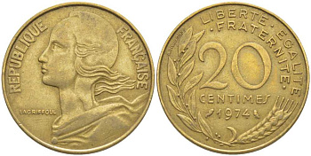ФРАНЦИЯ 20 САНТИМОВ 1974 ТИП MARIANNE KM 930, LE FRANC 156.14 медь алюминий никель 175-835