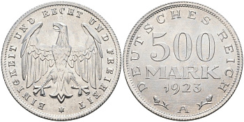 Германия 500 марок 1923 А KM 36, J.305 алюминий UNC 4574-844
