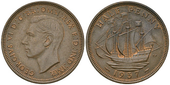 Великобритания 1/2 пенни 1937 Георг VI (1936-1952) KM 844, Spink 4115 бронза aUNC 4163-1057