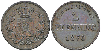 Бавария 2 пфеннига 1870 Людвиг II (1864-1886) KM 472, Jaeger 92, AKS 184 медь 54-825