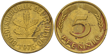 ФРГ 5 пфеннигов 1976 G J.382, KM 107 сталь плакированная латунью    4598-961