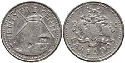 Барбадос 25 центов 1996 ветряная мельница Моргана Льюиса KM 13 медно-никель 4398-435