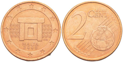 Мальта 2 евроцента 2008 KM 126 сталь плакированная медью UNC 54-616