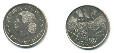 Аргентина 2 песо 2002 Мария Эва Дуарте де Перон KM 135 медно-никель UNC 37-622