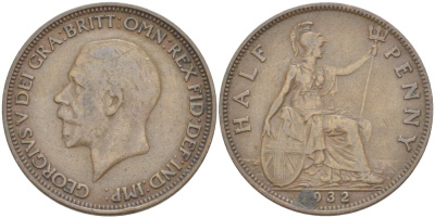 Великобритания 1/2 пенни 1932 Георг V (1910-1936) KM 837, Spink 4058 бронза 4514-633