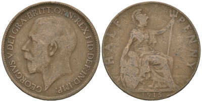 Великобритания 1/2 пенни 1915 Георг V (1910-1936) KM 809, Spink 4056 бронза 4616-731