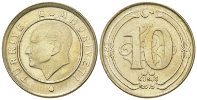 Турция 10 курушей 2015 KM 1241 медь цинк никель 4608-439