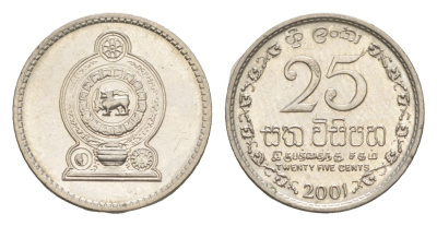 Шри-Ланка 25 центов 2001 KM 141a сталь плакированная никелем UNC 4649-252