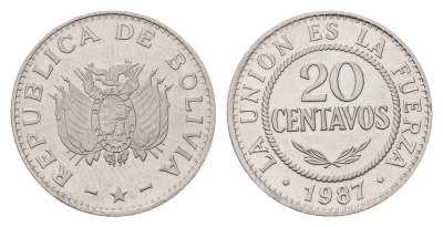 Боливия 20 сентаво 1987 KM 203 нержавеющая сталь UNC 4659-664